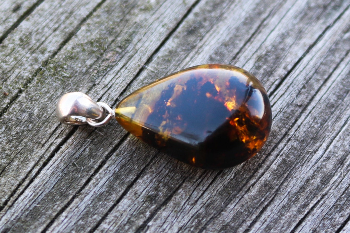 Baltic Amber Pendant Green Drop Sparkling Unisex Jewelry 1.3" 2.4 gram 925 Silver