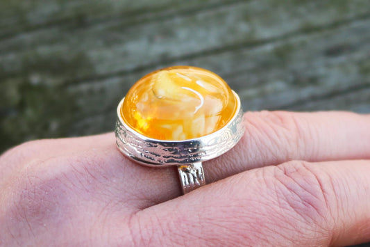 Baltic Amber Ring Butterscotch Adjustable Round Natural Jewelry 925 Silver 13.1 gram