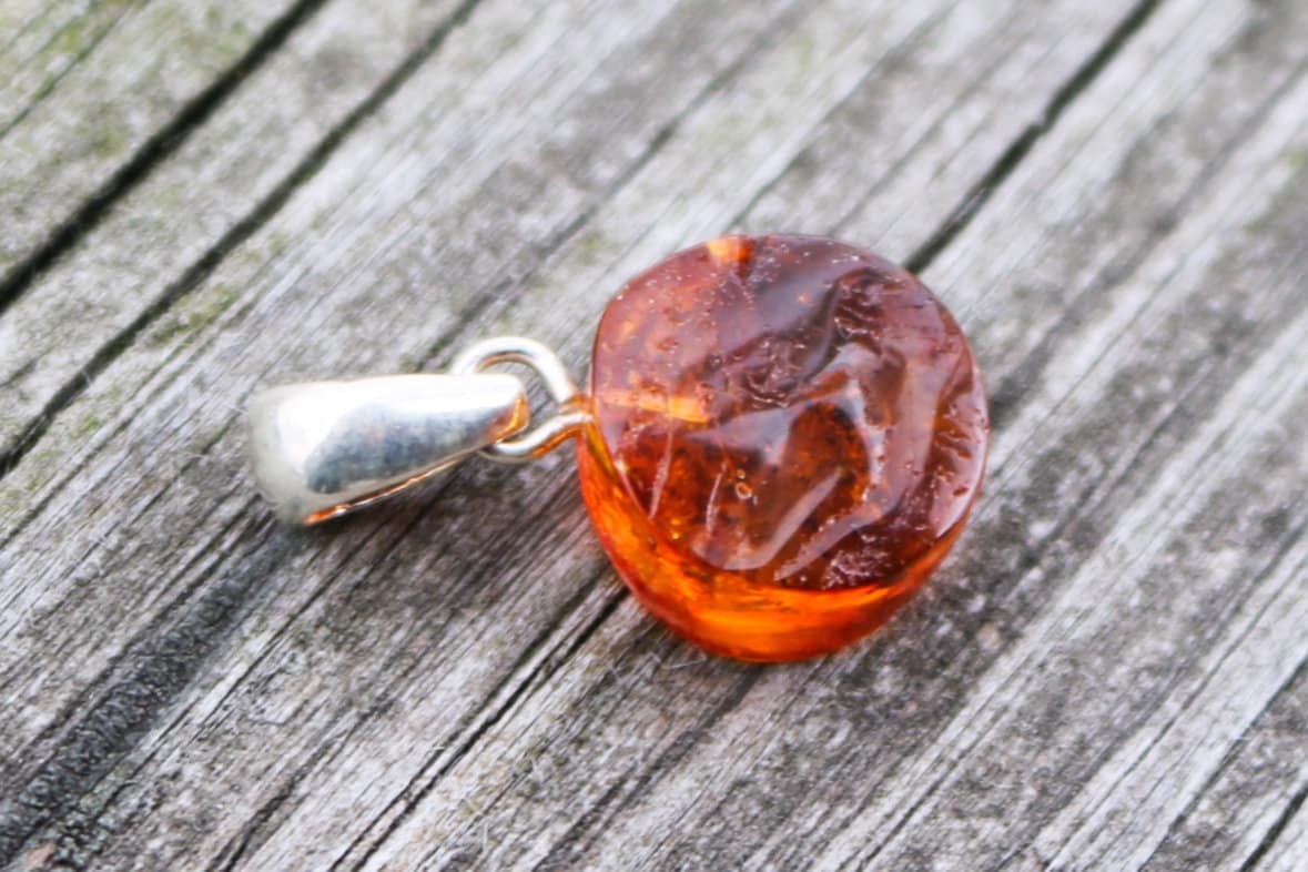 Baltic Amber Pendant Fossil Insect Ant Round Natural Honey Unisex Jewelry 0.9" 1.3 gram 925 silver