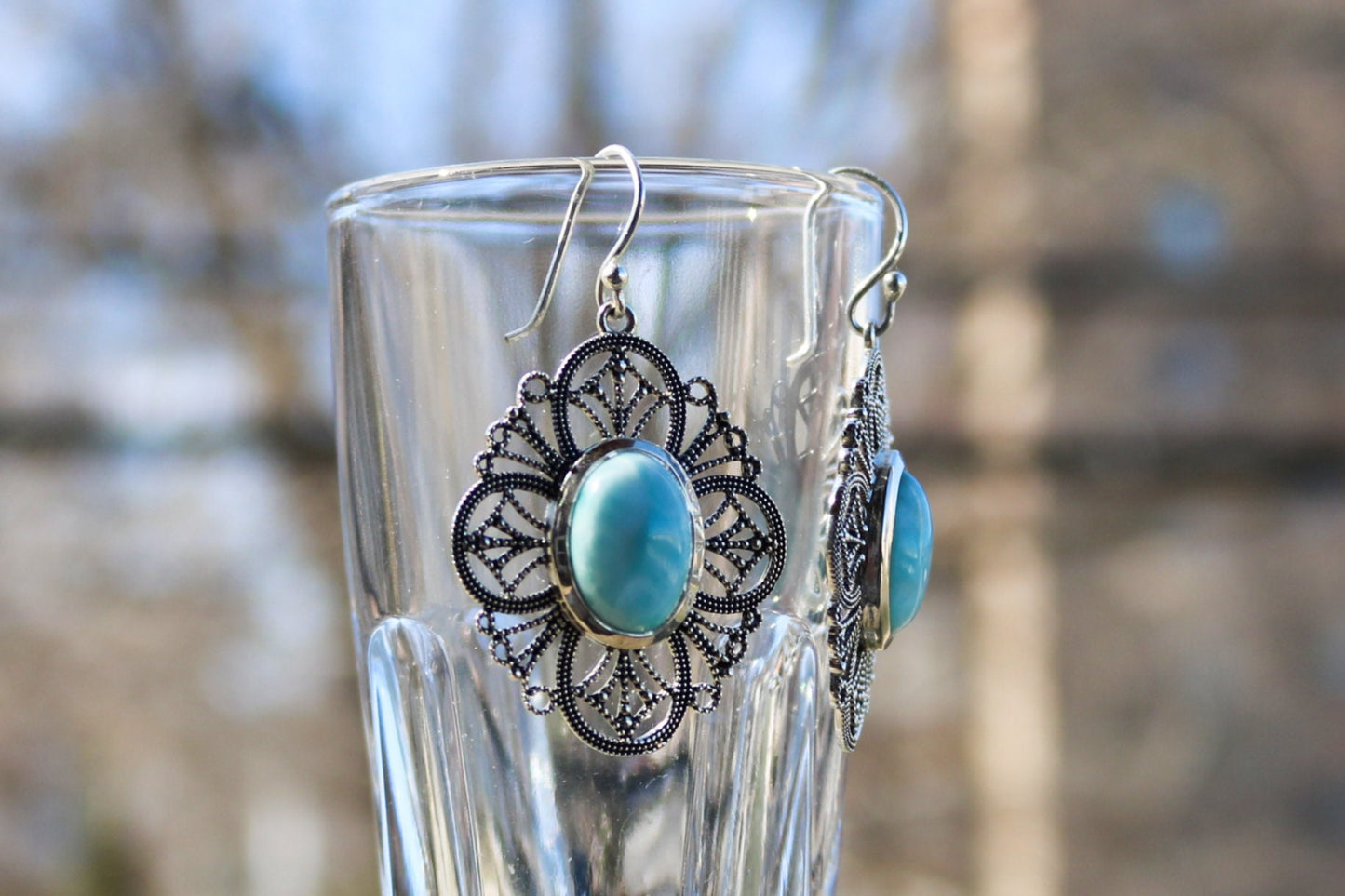 Larimar Earrings Dangling Filigree Ocean Summer Jewelry 1.83" 925 Silver