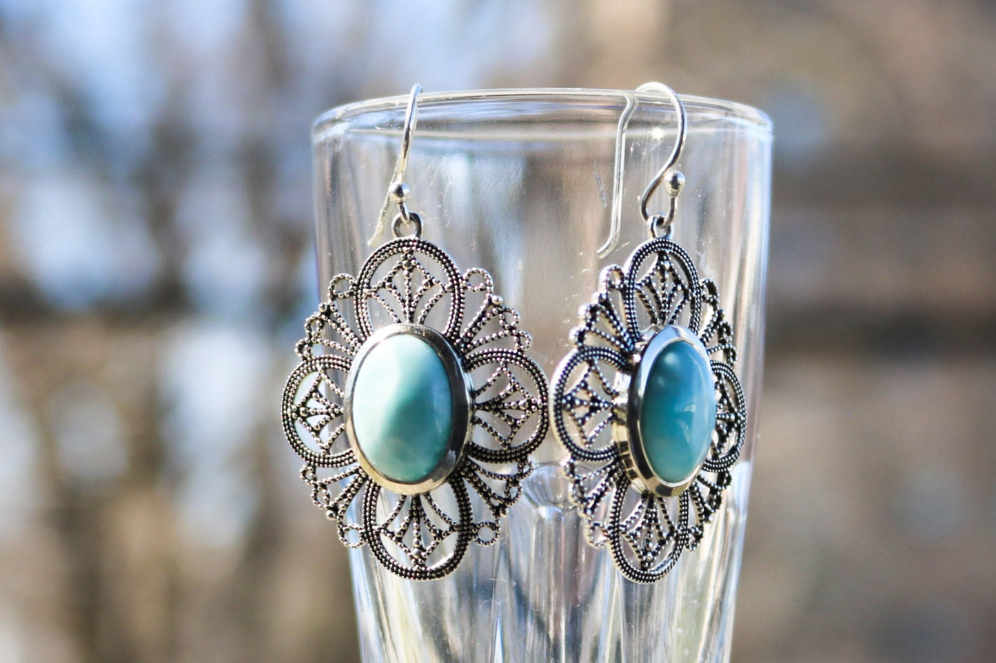 Larimar Earrings Dangling Filigree Ocean Summer Jewelry 1.83" 925 Silver