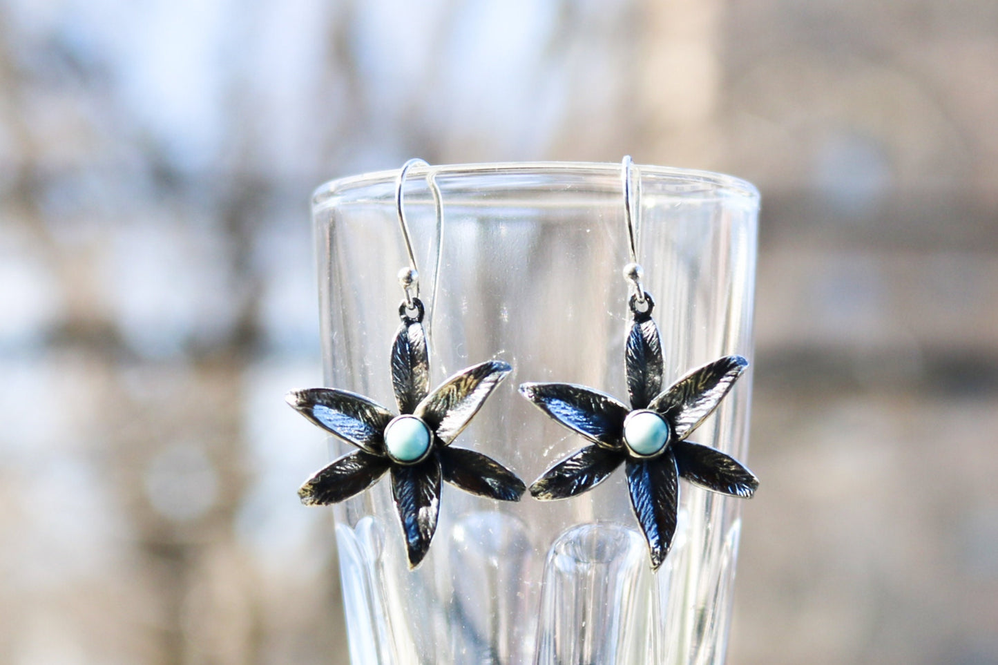 Larimar Earrings Dangling Flower Ocean Summer Jewelry 1.6" 925 Silver