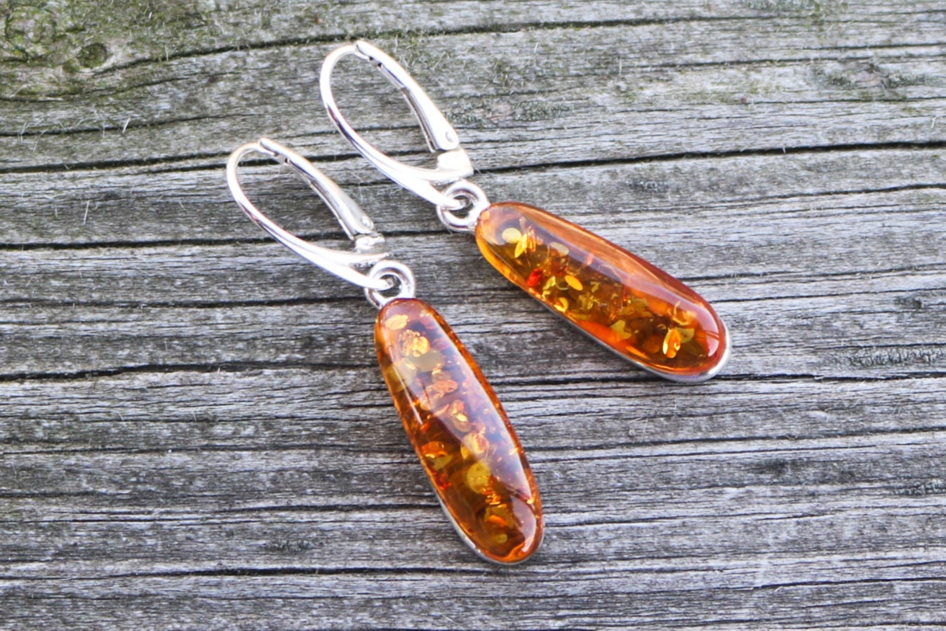 Baltic Amber Earrings Honey Oval Sparkling Natural Jewelry 1.72" 5.8 gram 925 silver