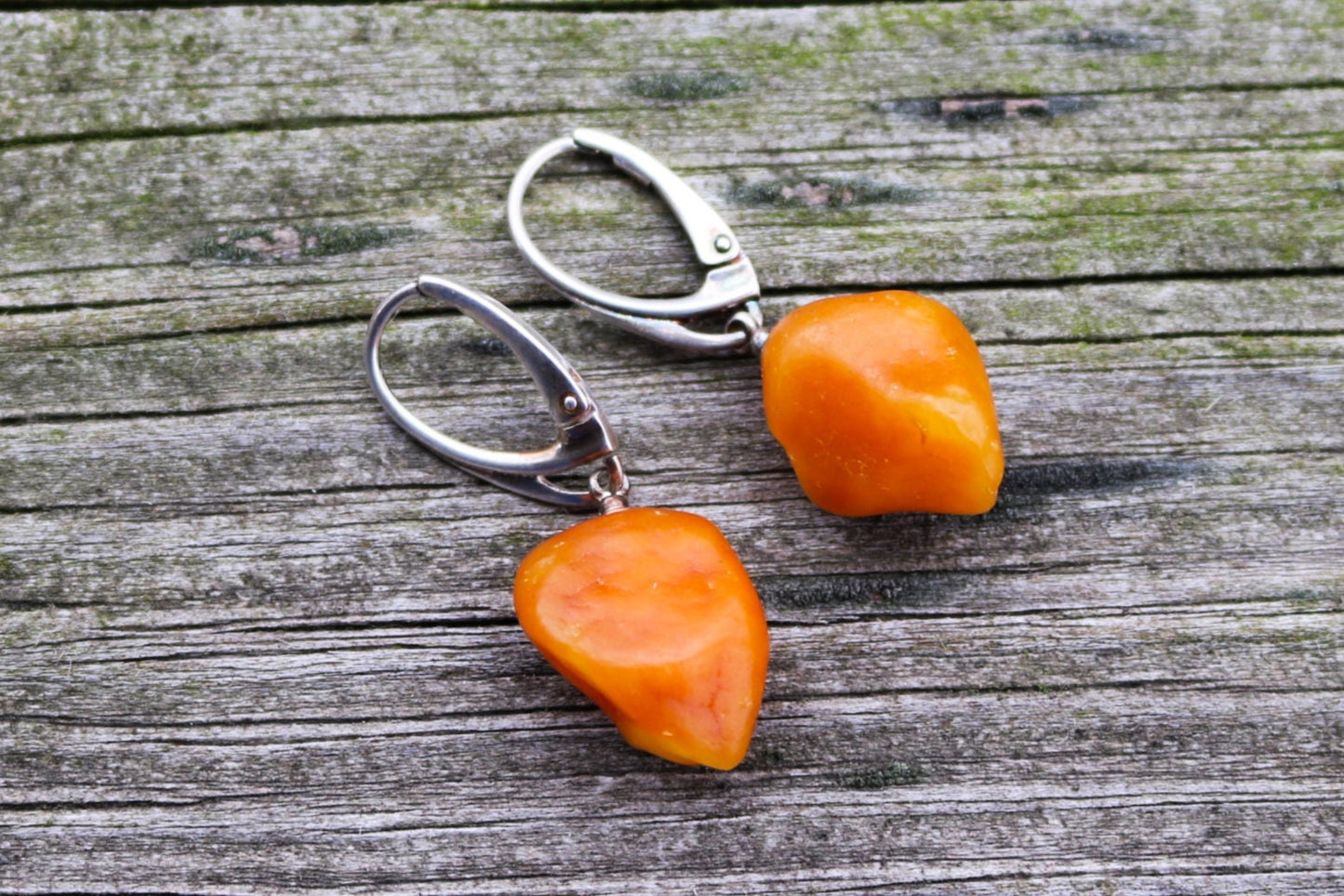 Baltic Amber Earrings Raw Nodule Natural Untreated Drops 1.46" 3.9 gram 925 Silver