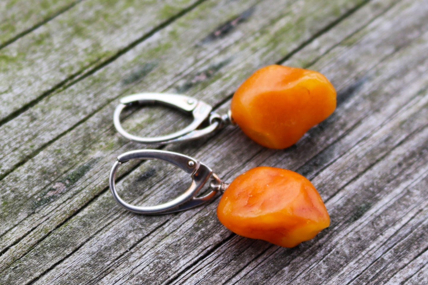 Baltic Amber Earrings Raw Nodule Natural Untreated Drops 1.46" 3.9 gram 925 Silver