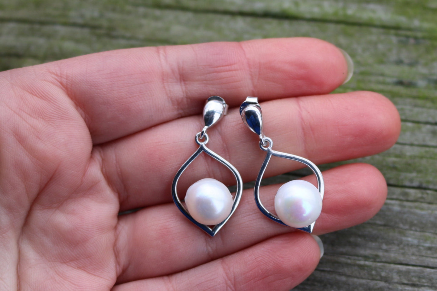 Fresh Water Pearl Earrings Stud Silver Jewelry 1.36" 6.7 gram