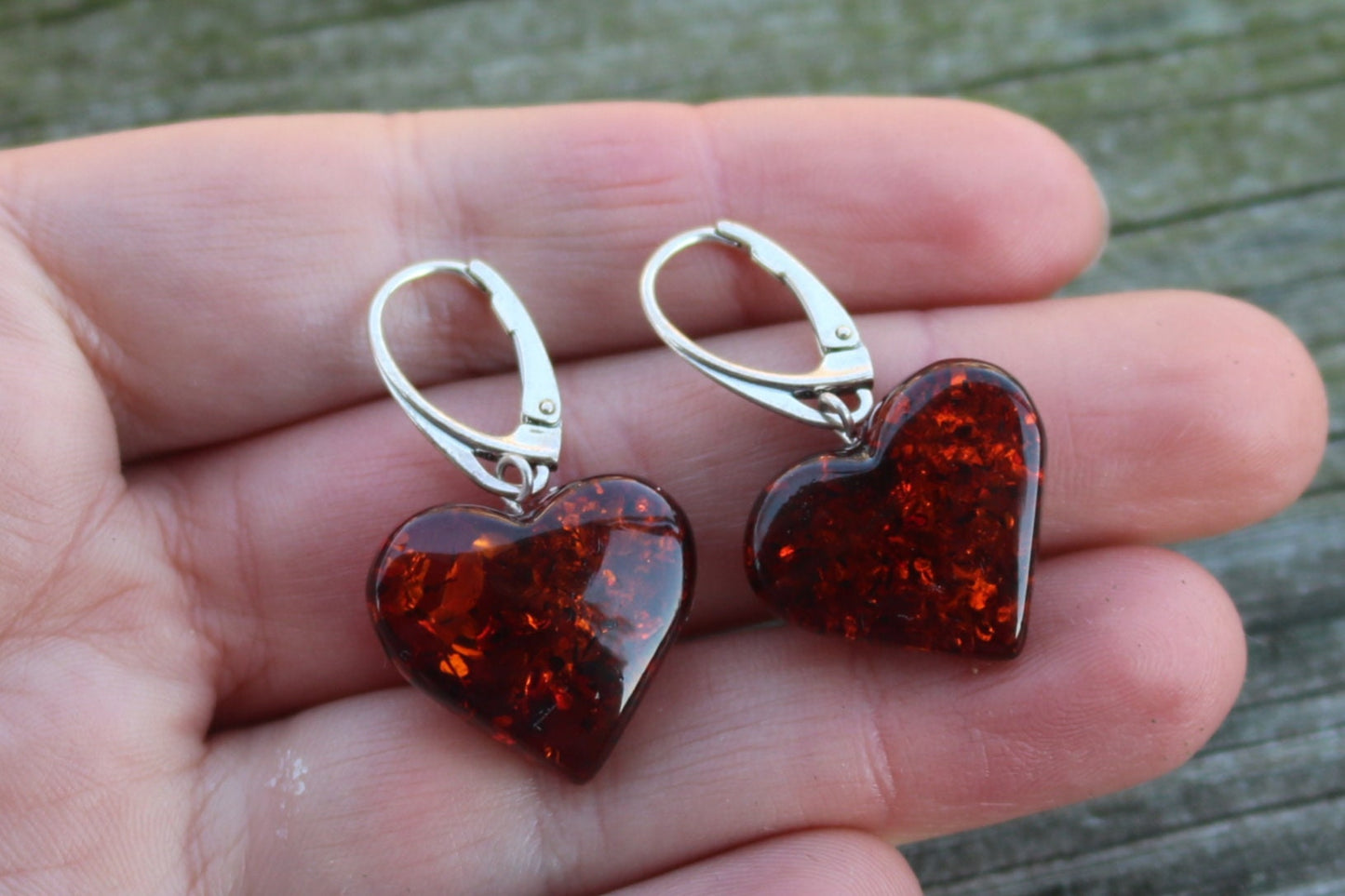 Baltic Amber Heart Earrings Cherry Natural Dangling Jewelry 1.4″ 4.7 gram 925 Silver