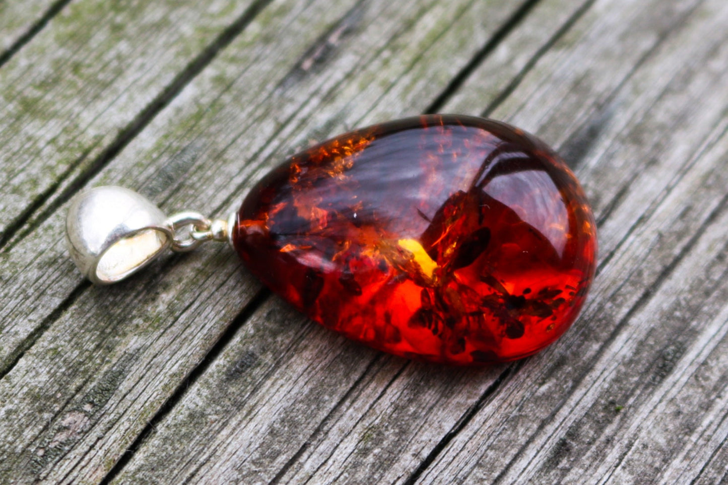 Baltic Amber Pendant Cognac Drop Sparkling Jewelry Unisex 1.72" 6 gram 925 Silver