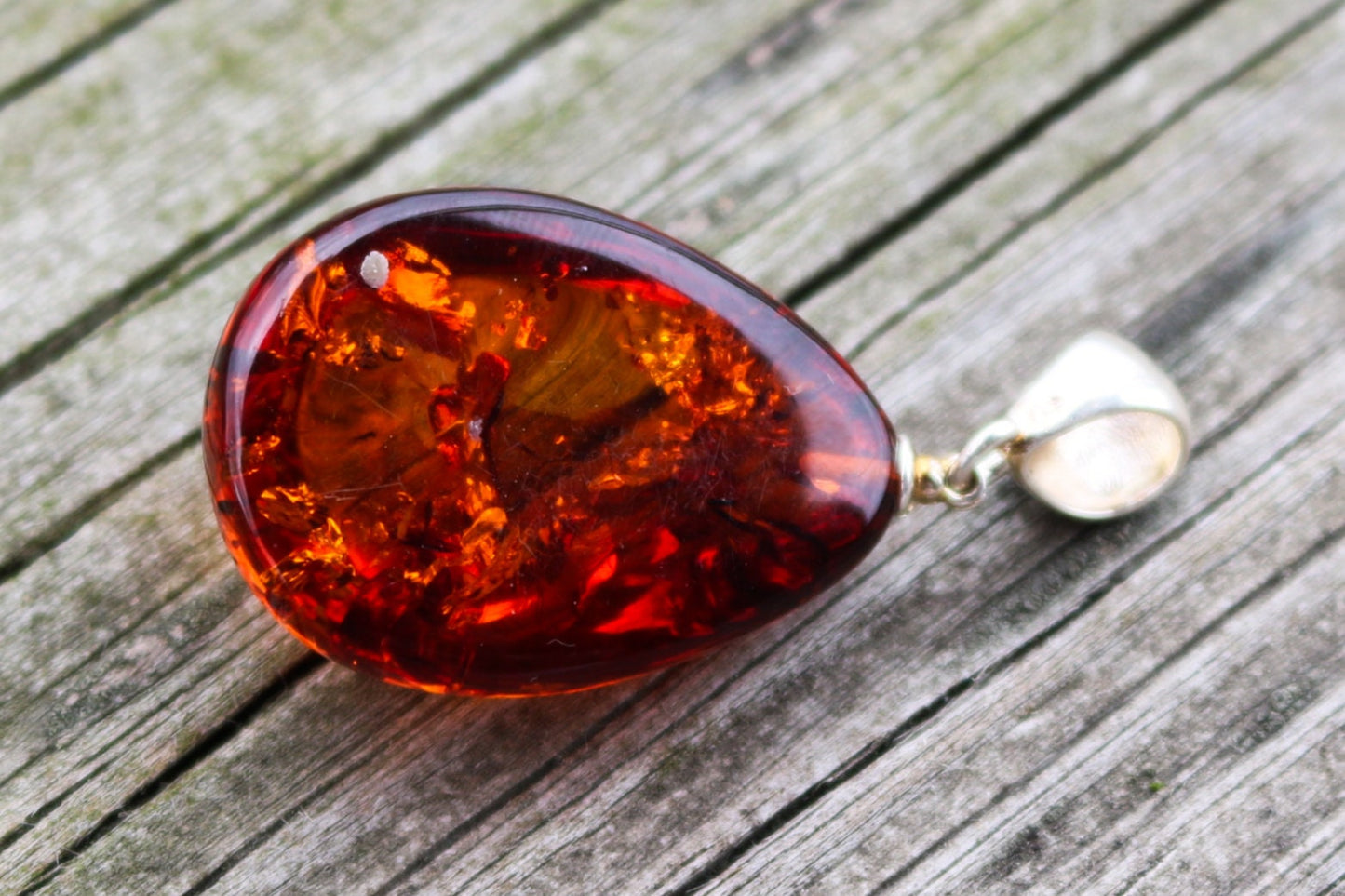 Baltic Amber Pendant Cognac Drop Sparkling Jewelry Unisex 1.72" 6 gram 925 Silver