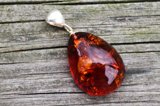 Baltic Amber Pendant Cognac Drop Sparkling Jewelry Unisex 1.72" 6 gram 925 Silver