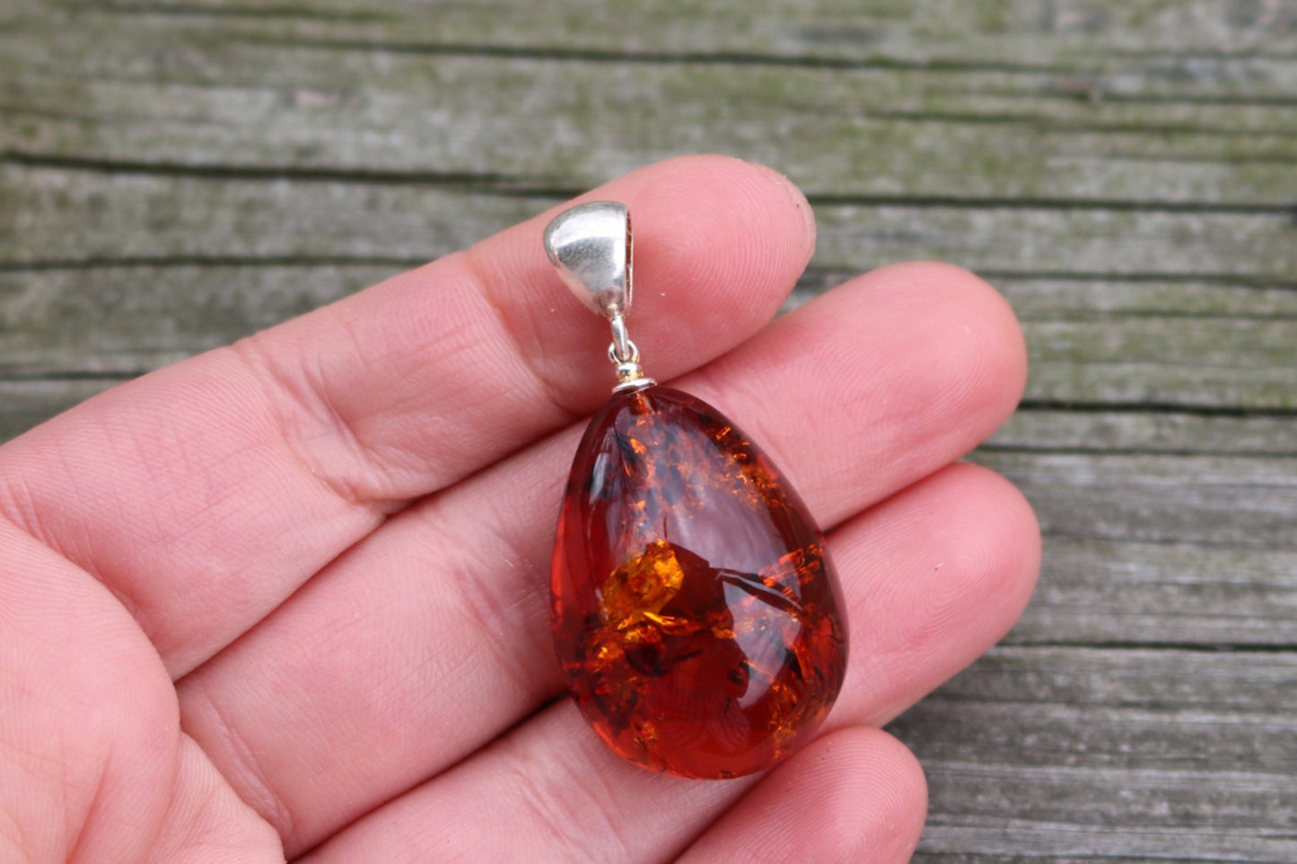 Baltic Amber Pendant Cognac Drop Sparkling Jewelry Unisex 1.72" 6 gram 925 Silver