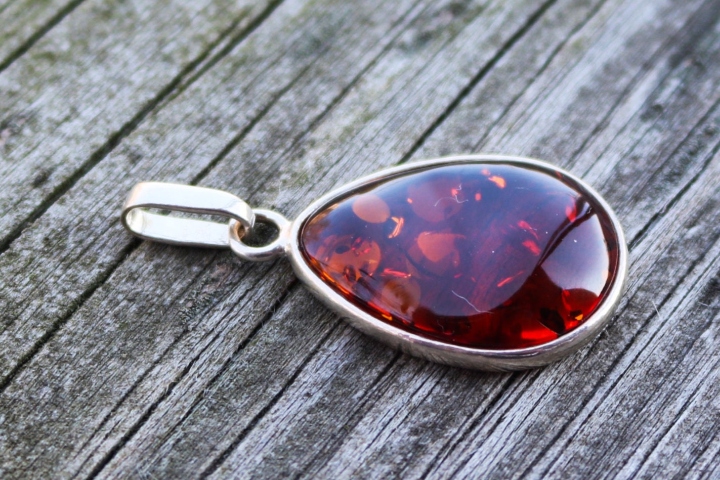 Baltic Amber Cherry Drop Pendant Natural Sparkling 1.6" 3.3 gram 925 Silver