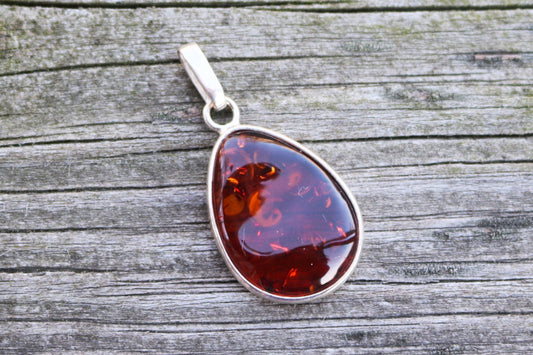 Baltic Amber Cherry Drop Pendant Natural Sparkling 1.6" 3.3 gram 925 Silver