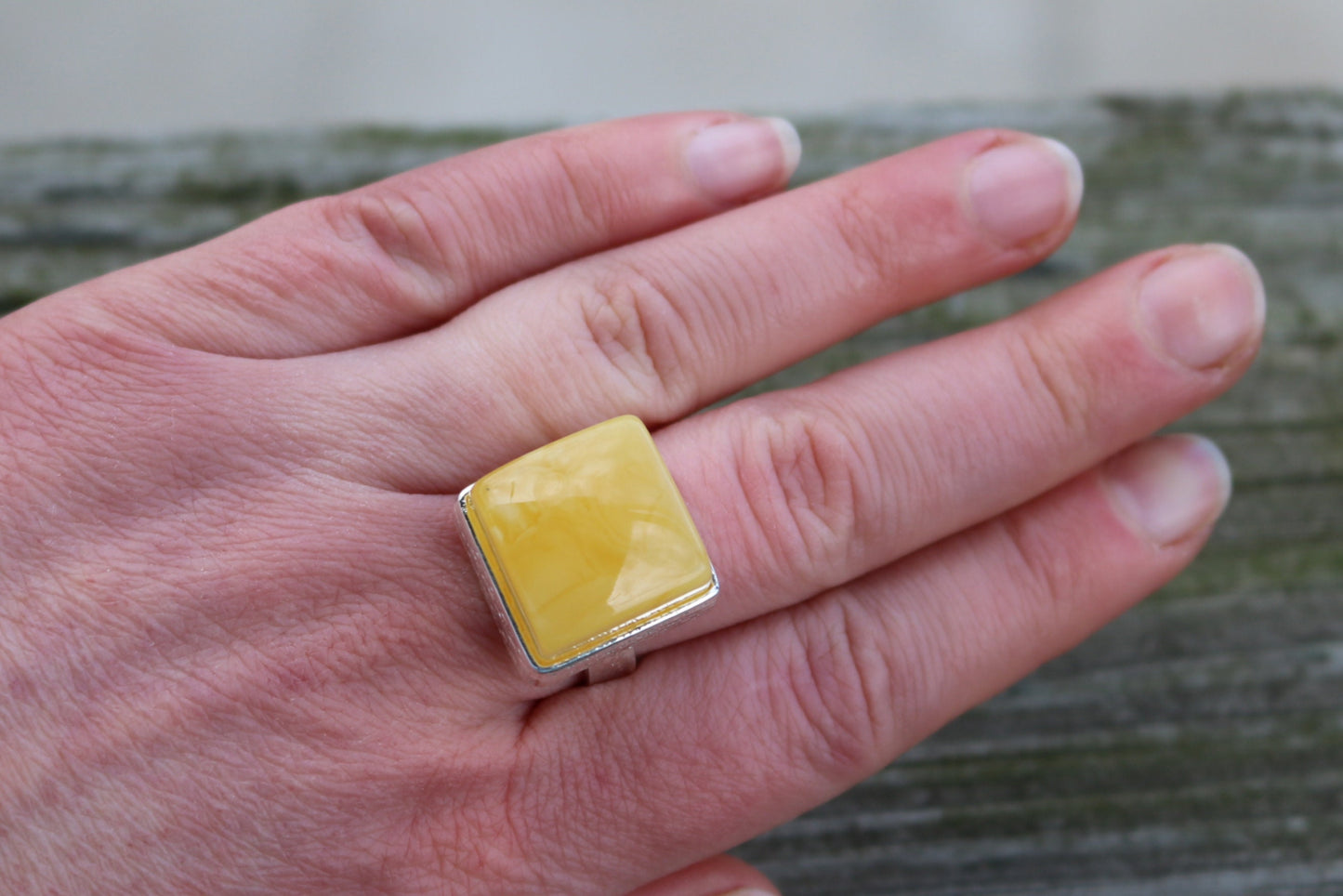 Baltic Amber Butterscotch Ring Adjustable Square Milky Natural Untreated 925 Silver 12 gram