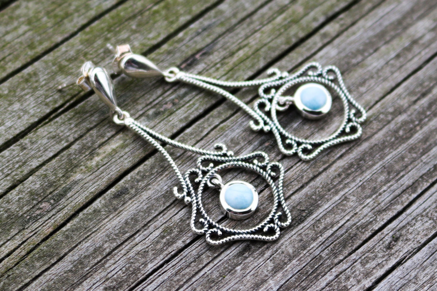 Larimar Earrings Leaf Dangling Filigree Ocean Summer Jewelry 2" 925 Silver