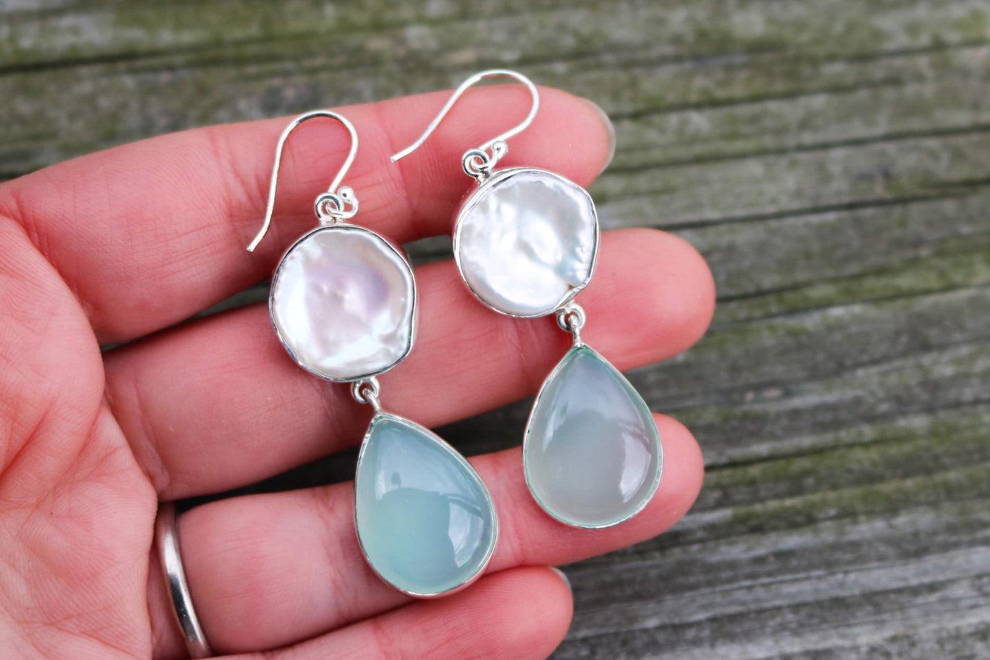 Chalcedony Pearl Earrings Dangling Round Oval Ocean Summer Jewelry 2.3" 925 Silver