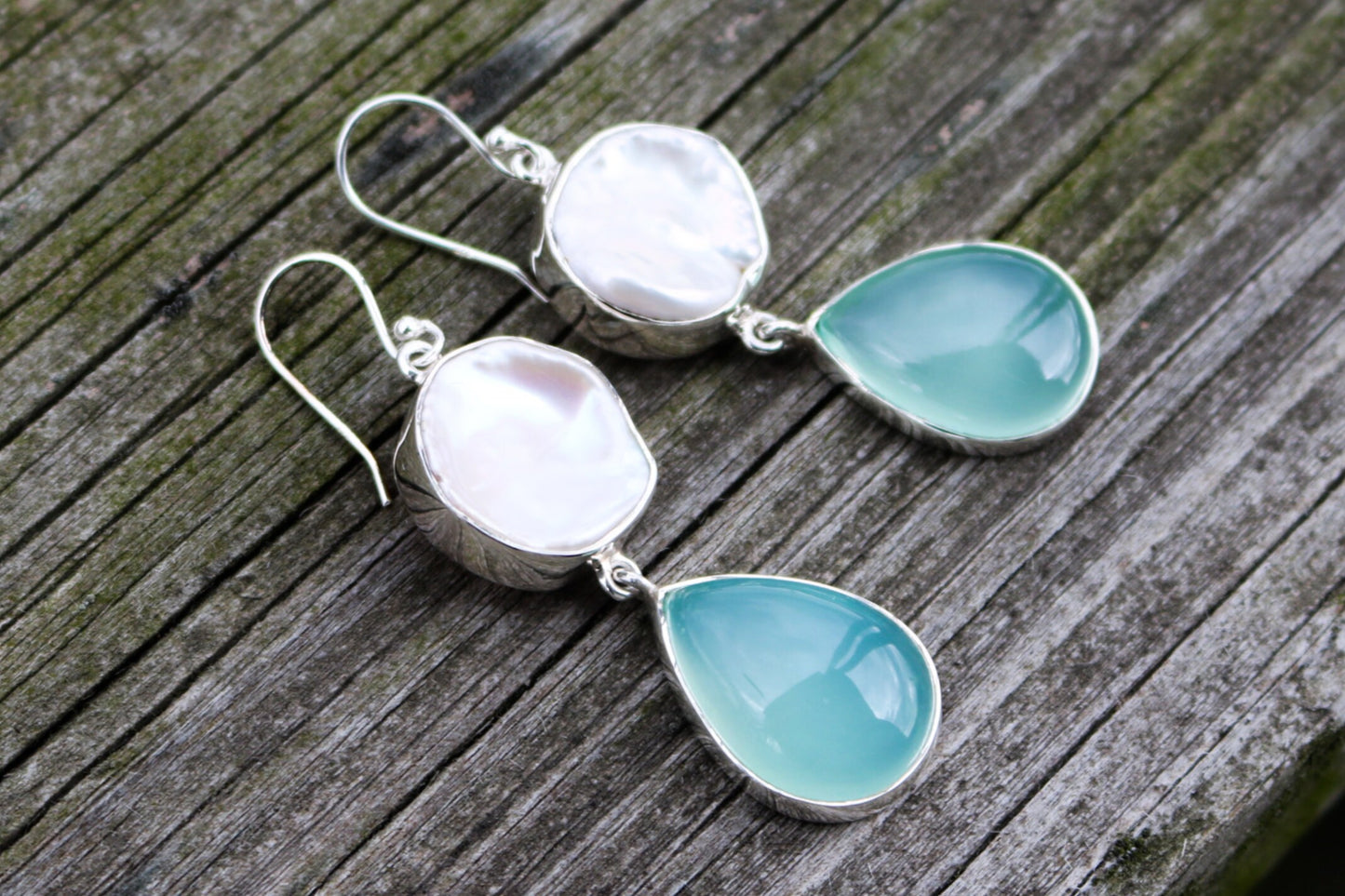 Chalcedony Pearl Earrings Dangling Round Oval Ocean Summer Jewelry 2.3" 925 Silver