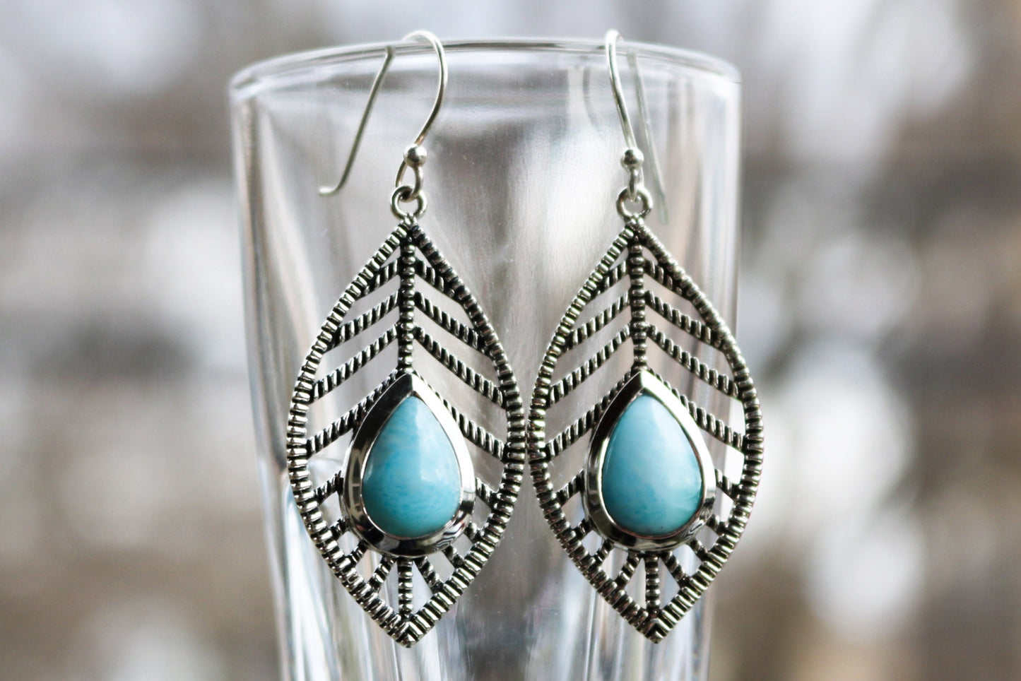 Larimar Earrings Leaf Dangling Ocean Summer Jewelry 2" 925 Silver