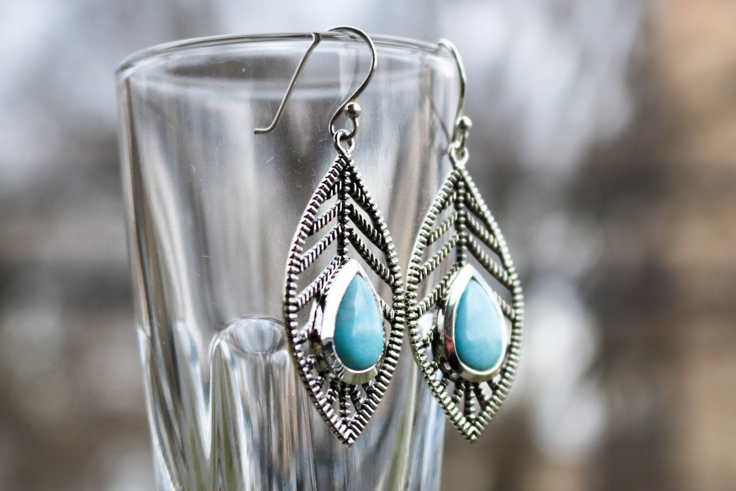 Larimar Earrings Leaf Dangling Ocean Summer Jewelry 2" 925 Silver