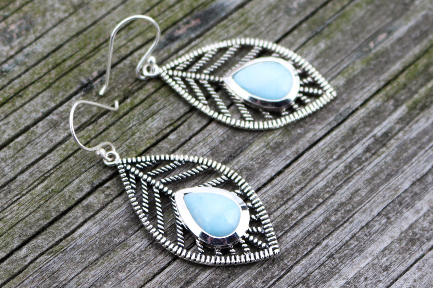 Larimar Earrings Leaf Dangling Ocean Summer Jewelry 2" 925 Silver