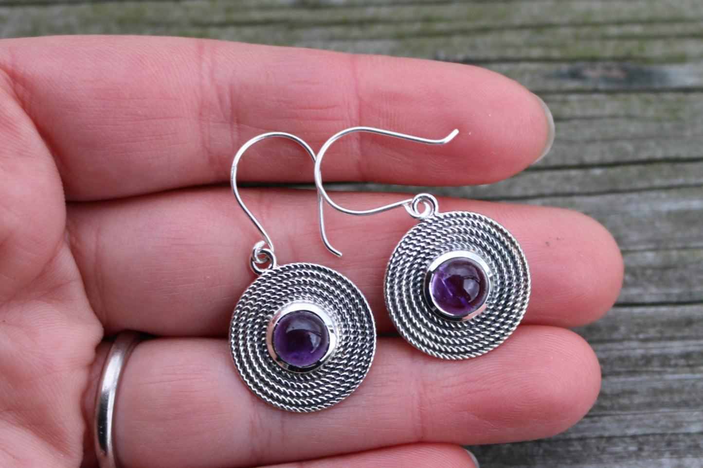 Amethyst Earrings Dangling Circle Purple Jewelry 2.3" 925 Silver