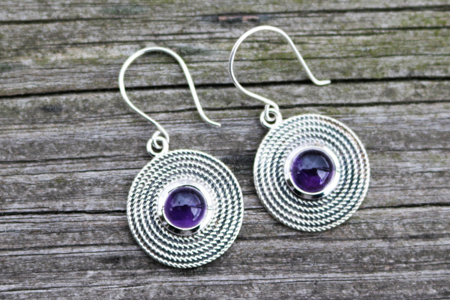 Amethyst Earrings Dangling Circle Purple Jewelry 2.3" 925 Silver