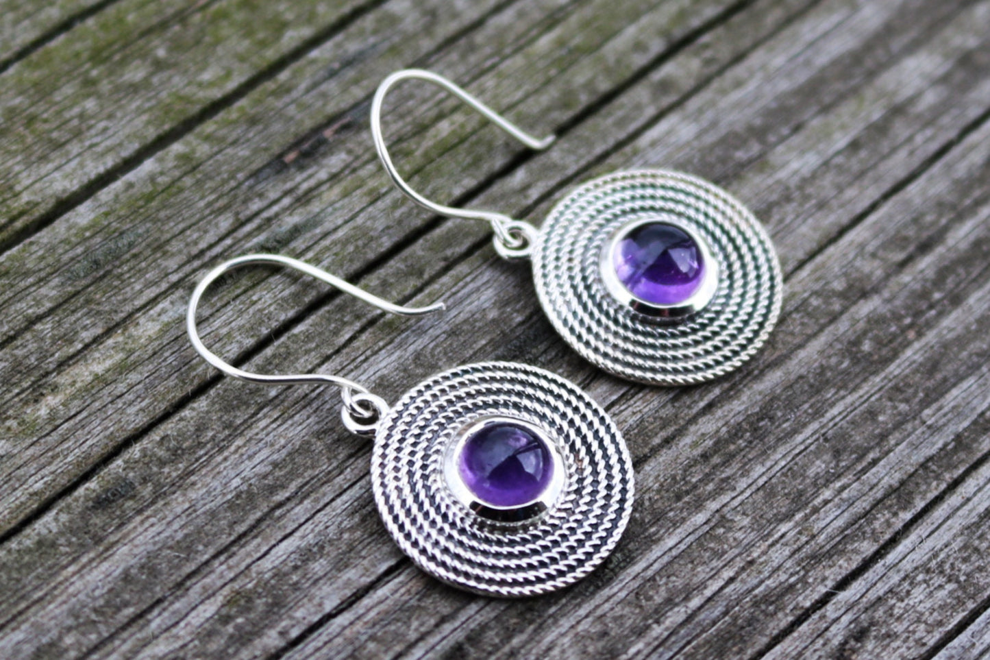 Amethyst Earrings Dangling Circle Purple Jewelry 2.3" 925 Silver