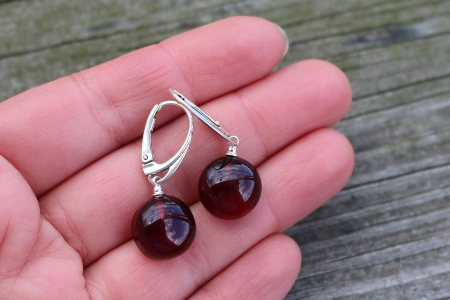 Baltic Amber Earrings Cherry Natural Dangling Round Jewelry 1.3" 3 gram 925 Silver