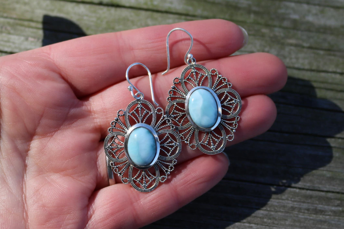 Larimar Earrings Dangling Filigree Ocean Summer Jewelry 1.83" 925 Silver