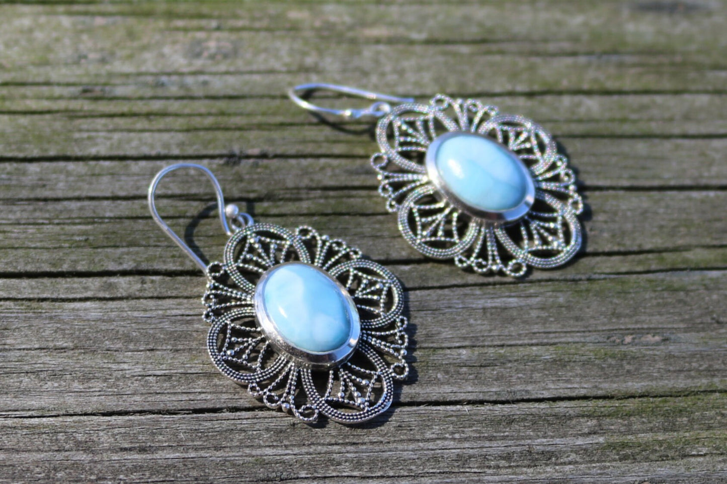 Larimar Earrings Dangling Filigree Ocean Summer Jewelry 1.83" 925 Silver