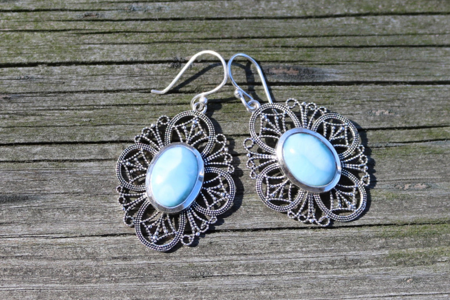 Larimar Earrings Dangling Filigree Ocean Summer Jewelry 1.83" 925 Silver