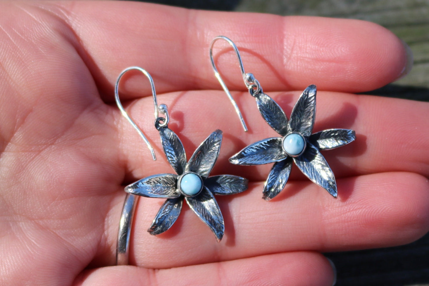 Larimar Earrings Dangling Flower Ocean Summer Jewelry 1.6" 925 Silver