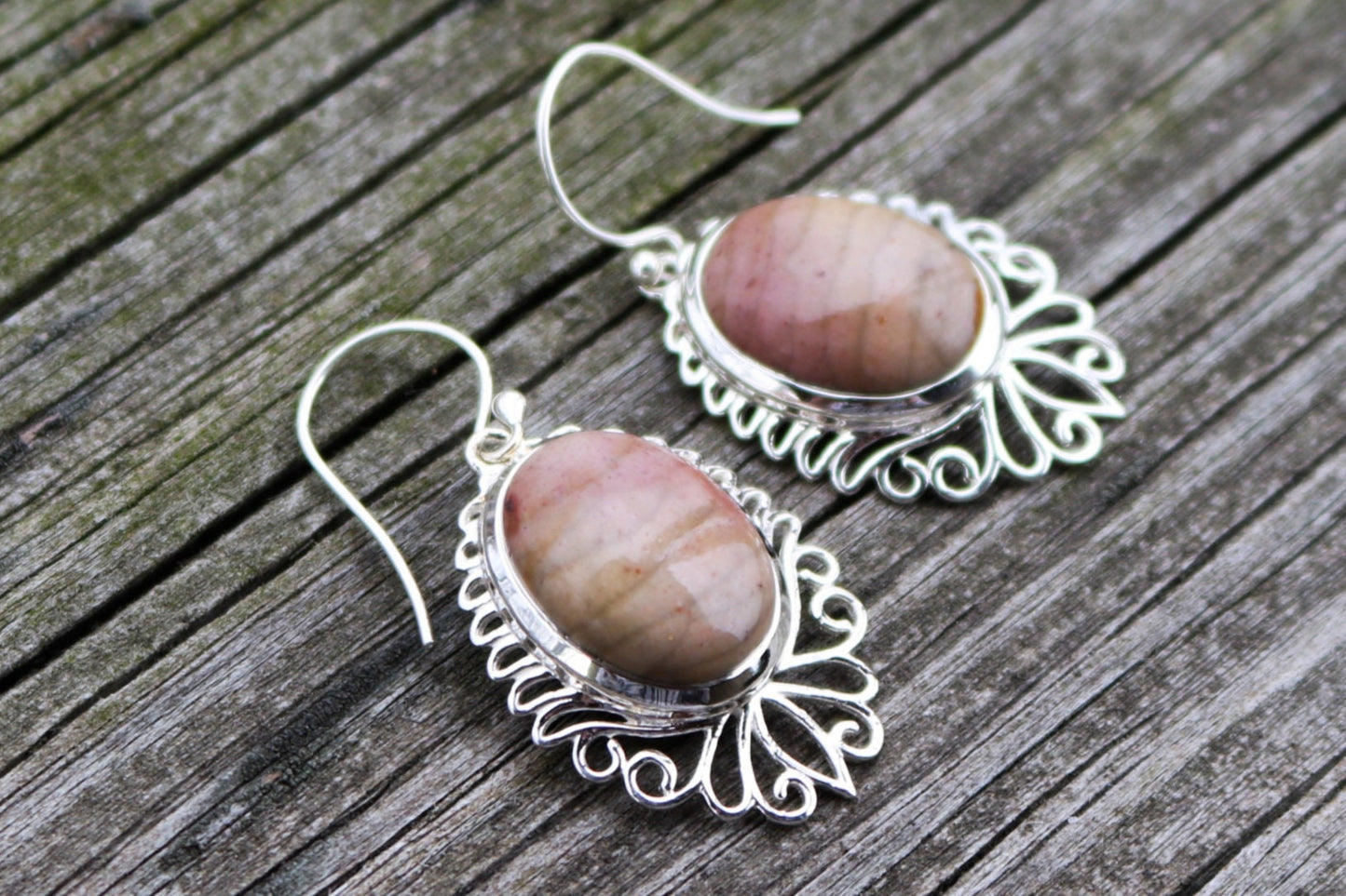 Willow Creek Jasper Earrings Dangling Beige Pink Oval Jewelry 1.6" 925 Silver