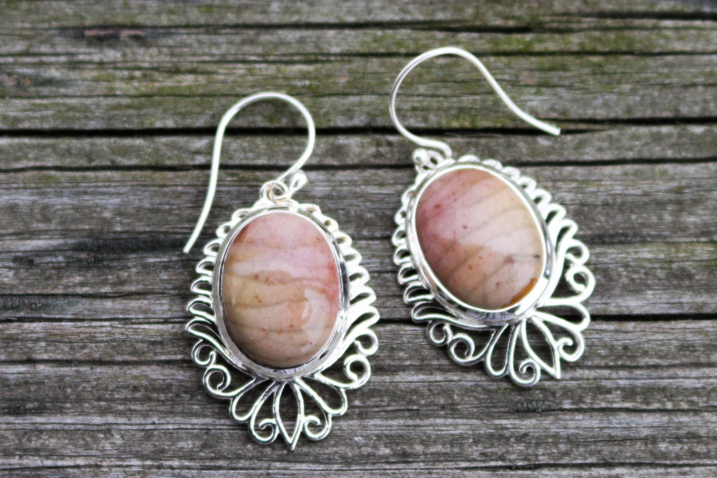 Willow Creek Jasper Earrings Dangling Beige Pink Oval Jewelry 1.6" 925 Silver