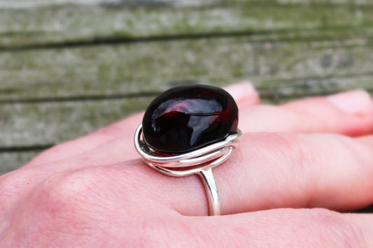 Baltic Amber Cherry Ring Adjustable Natural Jewelry 925 Silver 8.2 gram