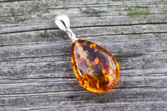 Baltic Amber Pendant Drop Honey Sparkling Unisex 1.42″ 3.2 gram 925 Silver