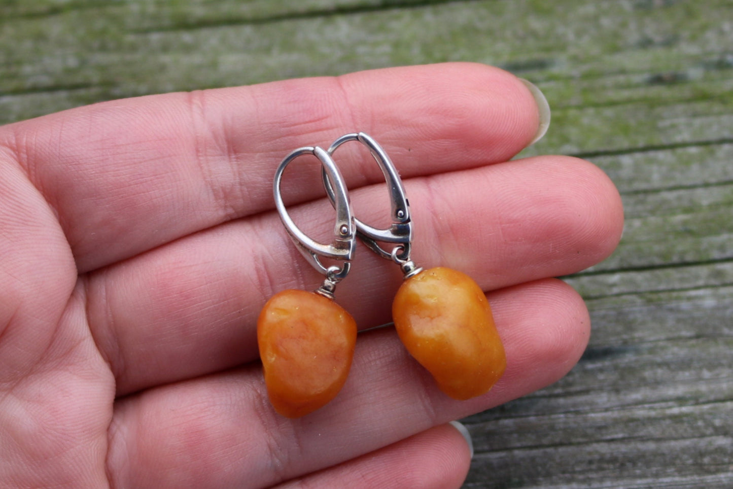 Baltic Amber Earrings Raw Nodule Natural Untreated Drops 1.46" 3.9 gram 925 Silver