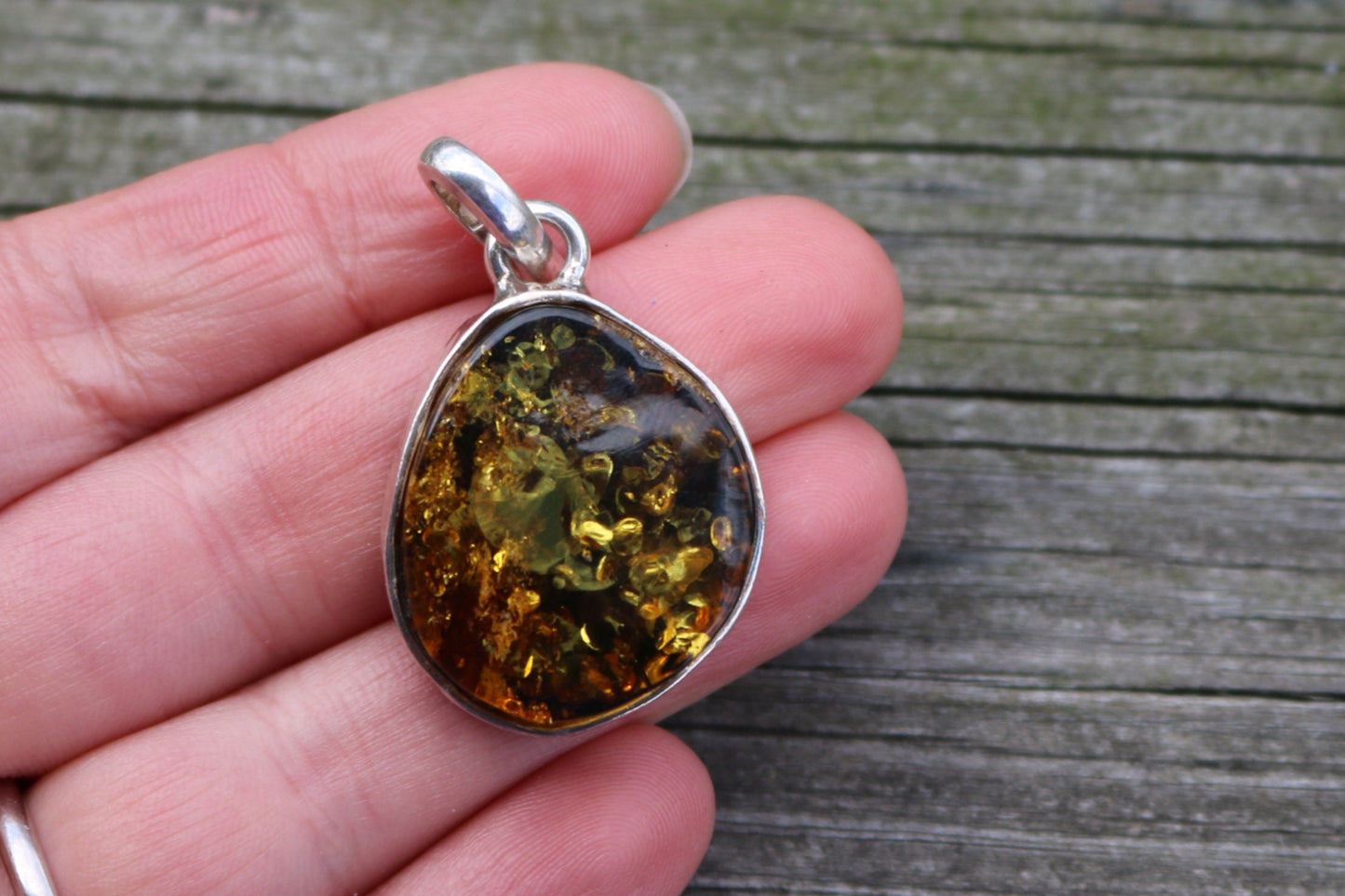 Baltic Amber Pendant Green Sparkling Unisex Jewelry 1.7" 9 gram 925 Silver