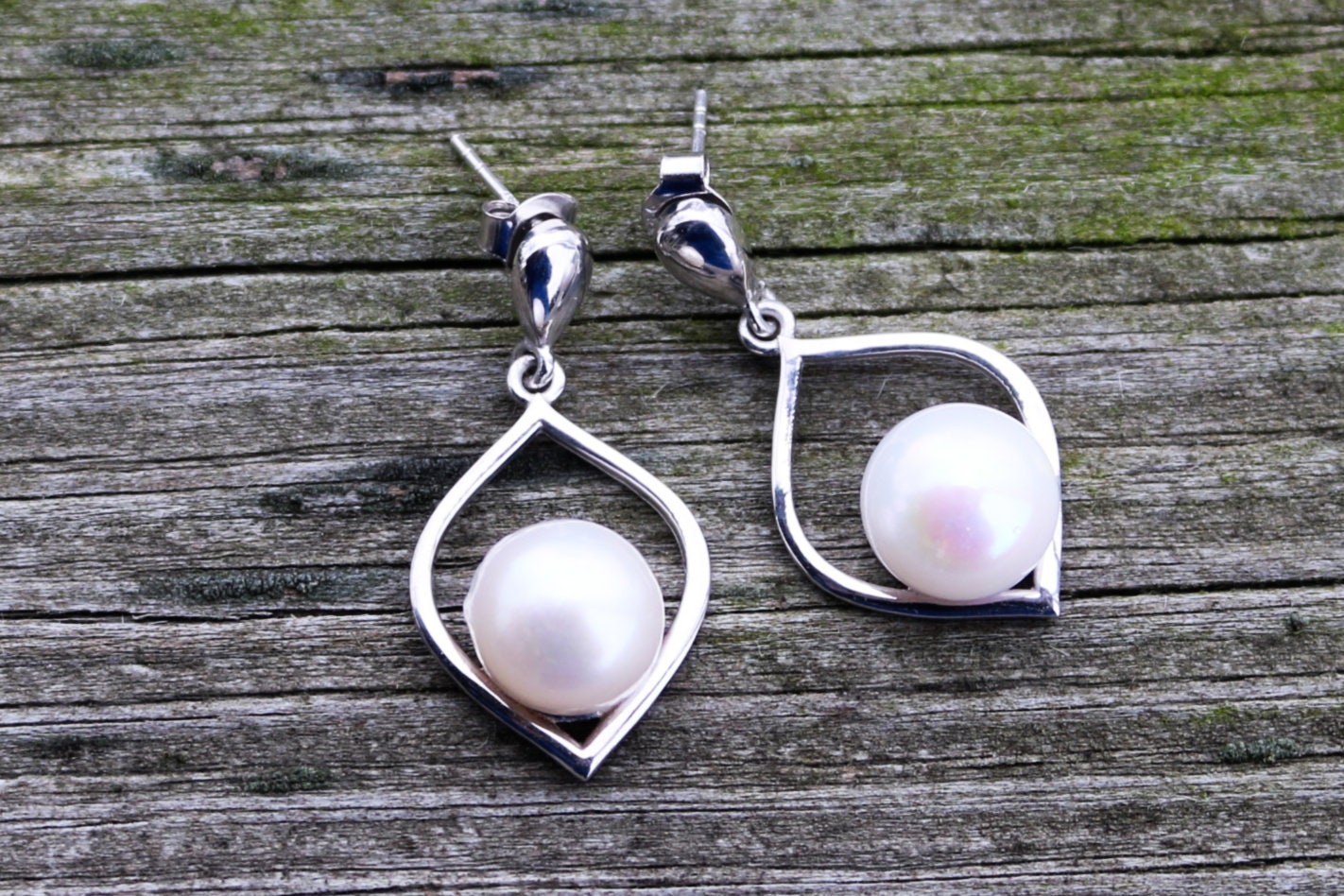 Fresh Water Pearl Earrings Stud Silver Jewelry 1.36" 6.7 gram