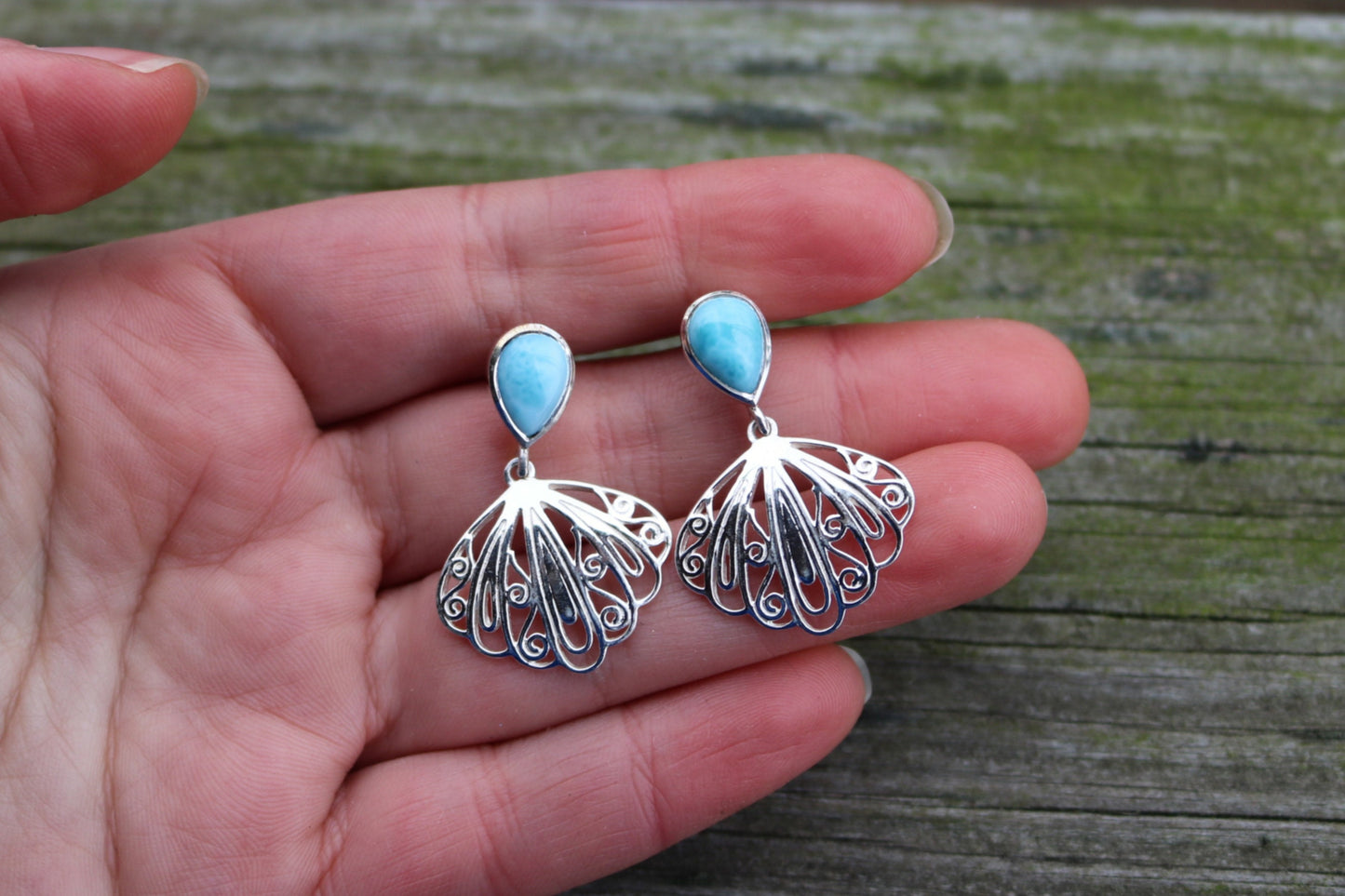 Larimar Earrings Stud Ocean Summer Jewelry 1.3" 925 Silver