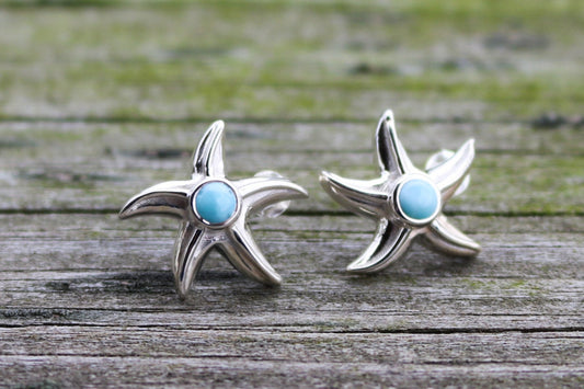 Larimar Earrings Star Fish Stud Ocean Summer Jewelry 0.66" 925 Silver