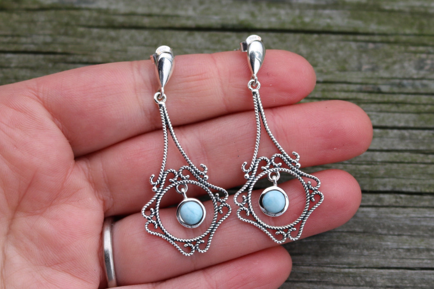 Larimar Earrings Leaf Dangling Filigree Ocean Summer Jewelry 2" 925 Silver