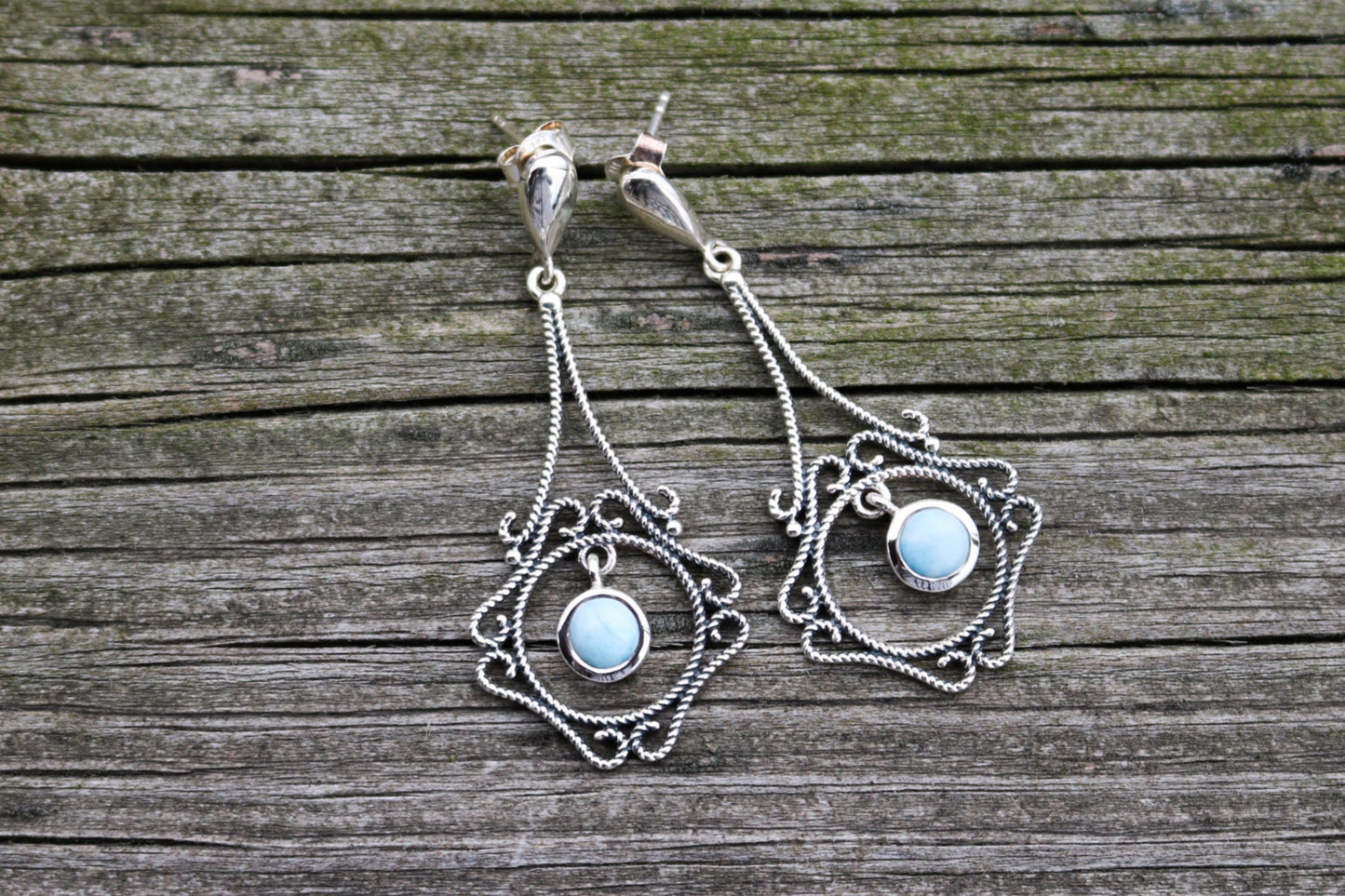 Larimar Earrings Leaf Dangling Filigree Ocean Summer Jewelry 2" 925 Silver