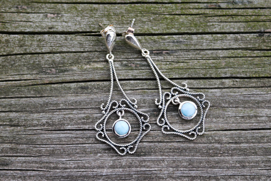 Larimar Earrings Leaf Dangling Filigree Ocean Summer Jewelry 2" 925 Silver