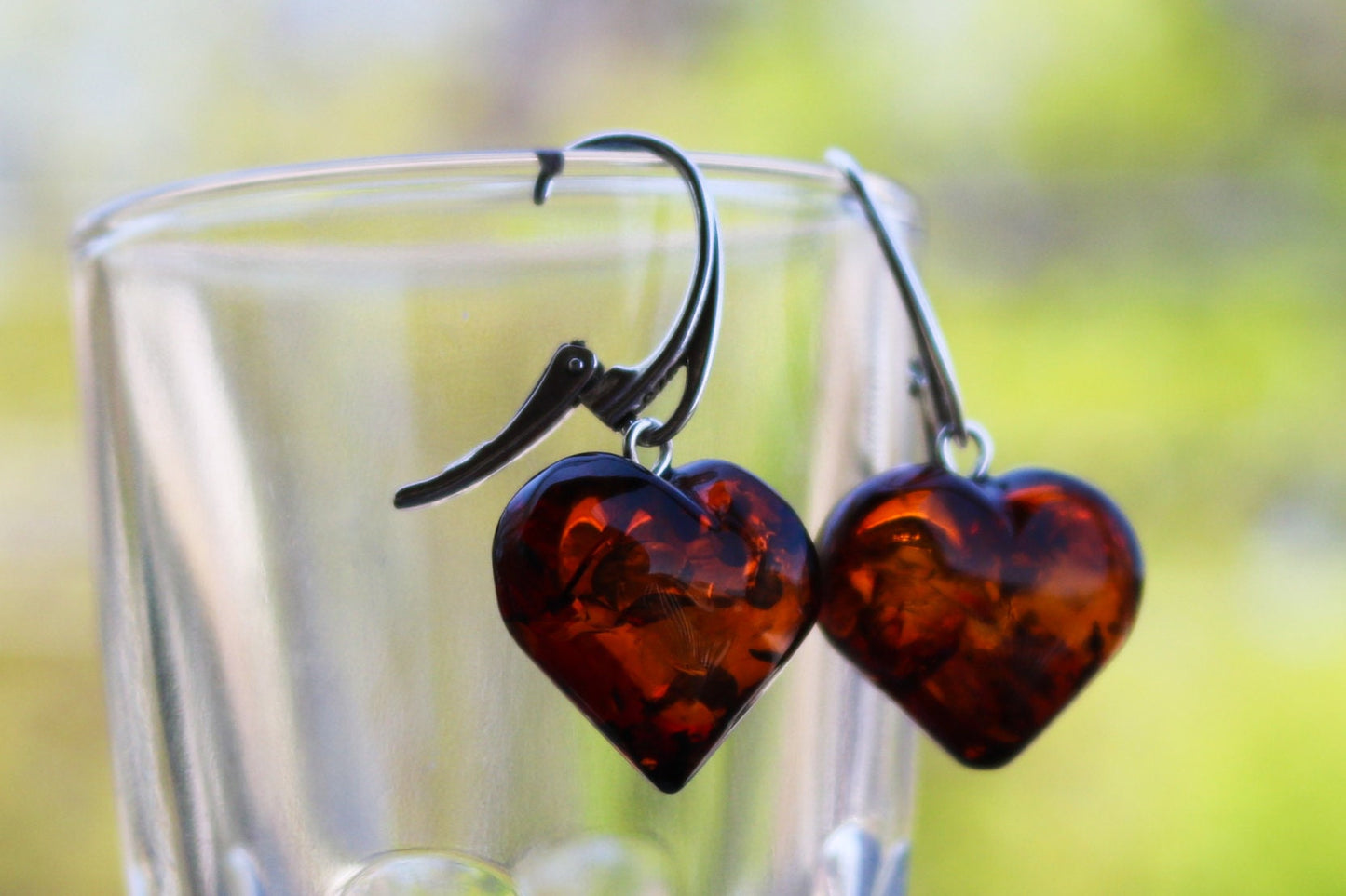 Baltic Amber Heart Earrings Cherry Natural Dangling Jewelry 1.4″ 4.3 gram 925 Silver