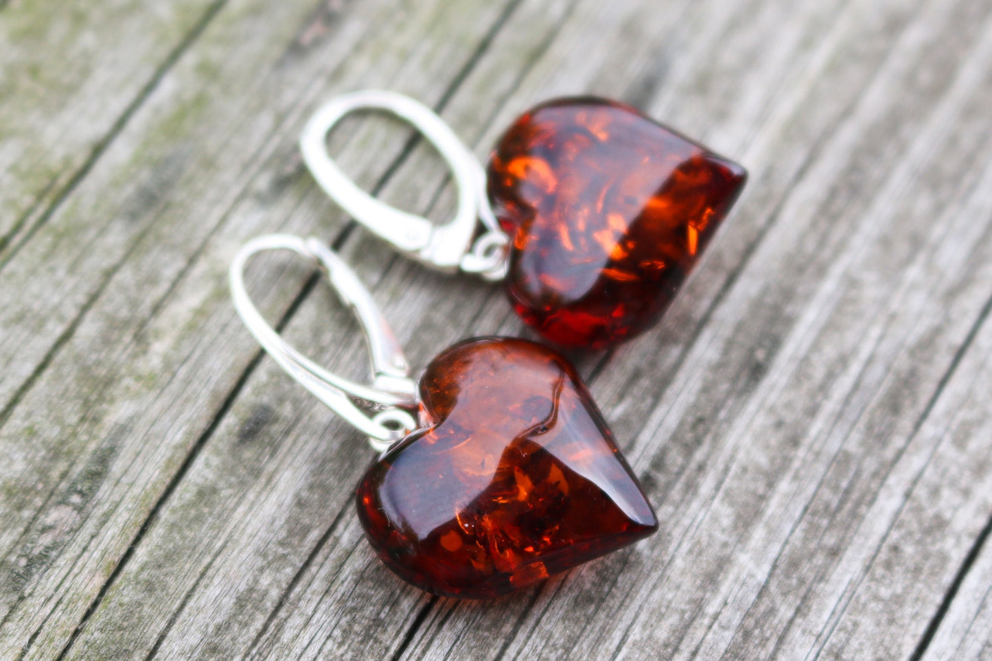 Baltic Amber Heart Earrings Cherry Natural Dangling Jewelry 1.4″ 4.3 gram 925 Silver