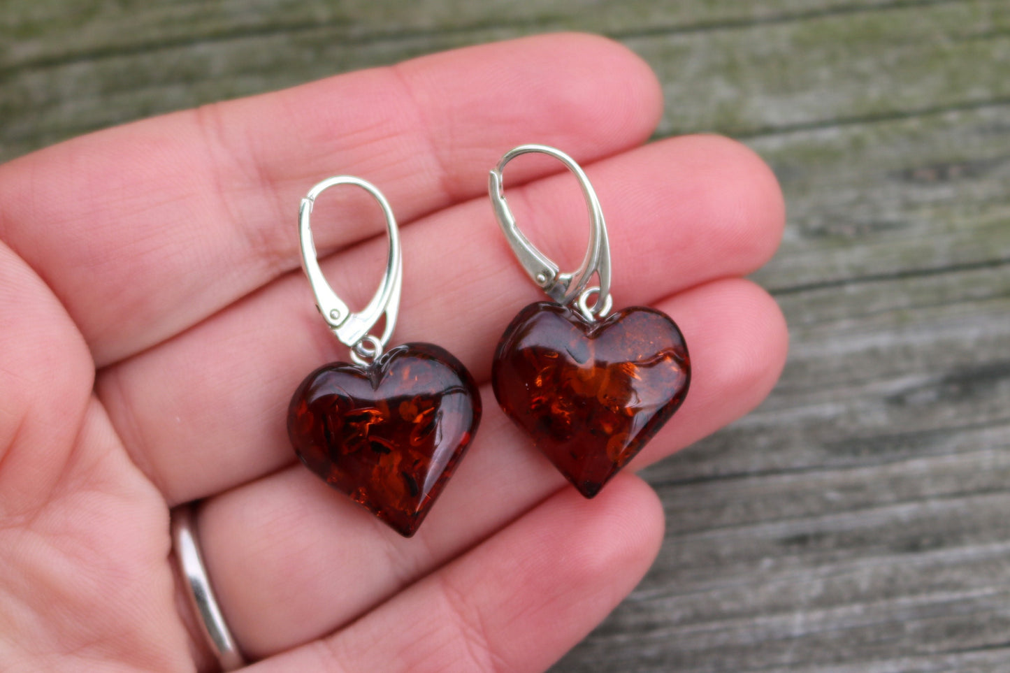 Baltic Amber Heart Earrings Cherry Natural Dangling Jewelry 1.4″ 4.3 gram 925 Silver