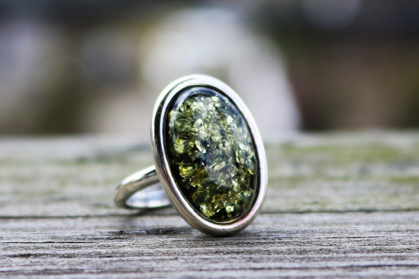 Baltic Amber Green Ring Adjustable Oval Jewelry 925 Silver 7.6 gram