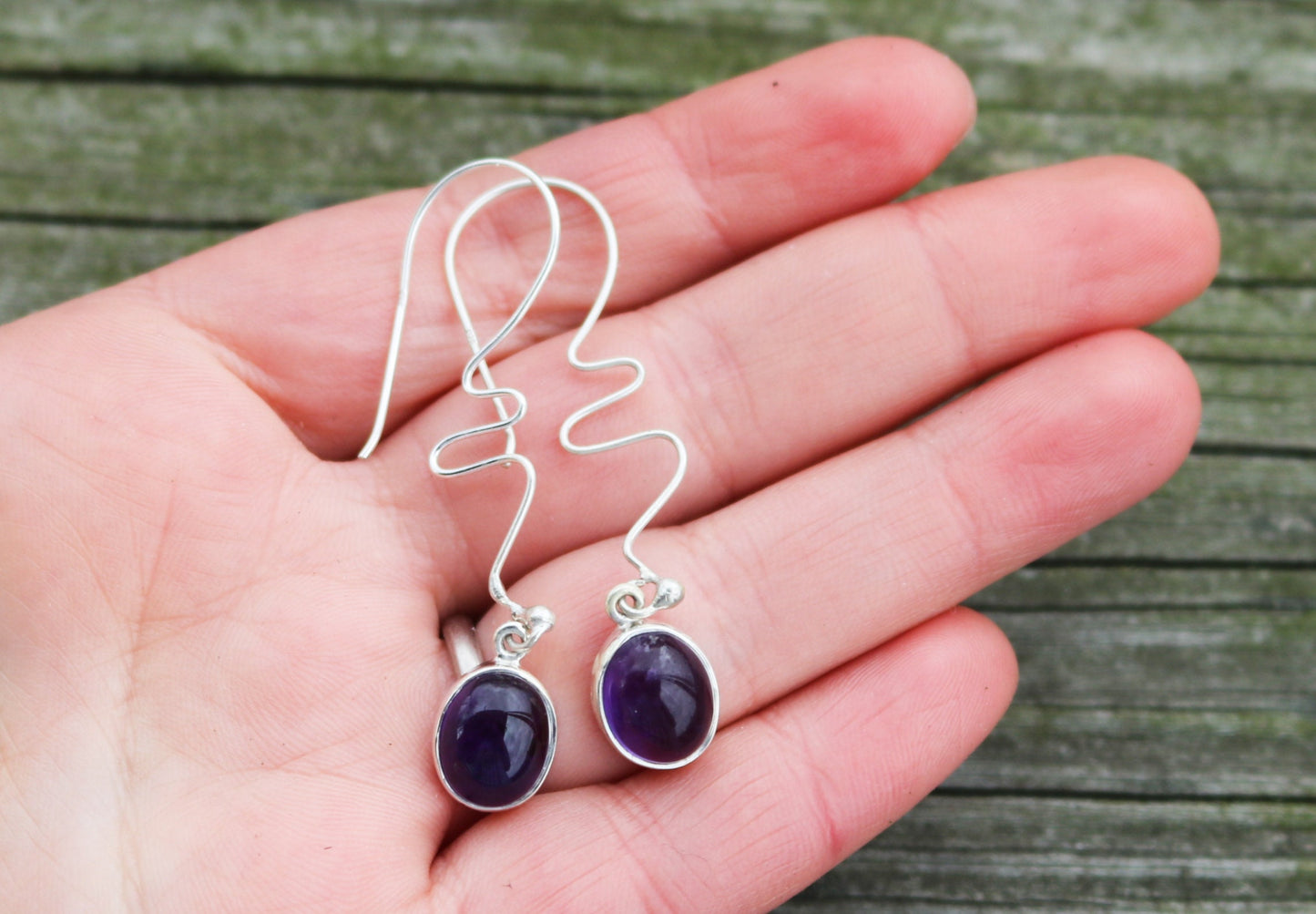 Amethyst Earrings Dangling Oval Long Wire Purple Jewelry 2.1" 925 Silver