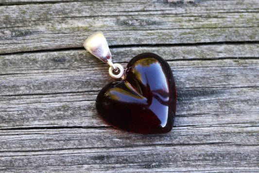 Baltic Amber Heart Pendant Cherry Natural Carved 1.2" 2.5 gram 925 Silver